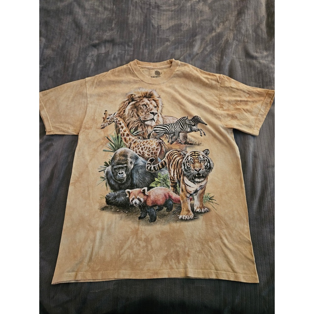 The Mountain Safari Animal Collage Tie Dye T-Shirt Tan Lion Tiger Men Large